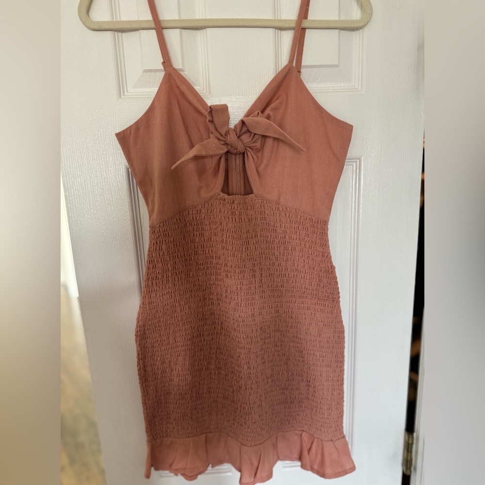 Coral tie front smocked mini dress